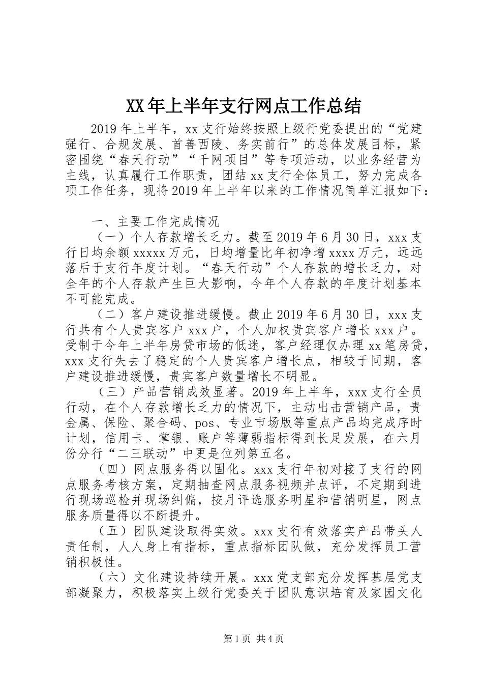 XX年上半年支行网点工作总结_第1页
