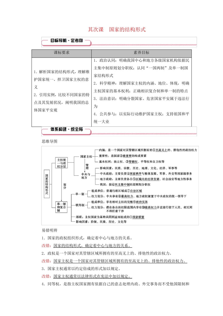 2025版高考政治一轮总复习知识导航选择性必修1第1单元各具特色的国家第2课国家的结构形式_第1页
