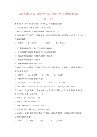云南省盈江县第一高级中学2024_2025学年高一化学上学期期末考试试题