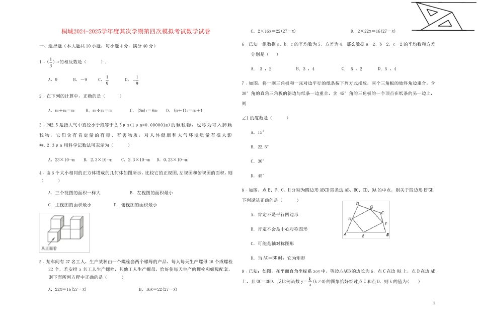 安徽省安庆市桐城二中2025届九年级数学下学期第四次模拟考试题_第1页