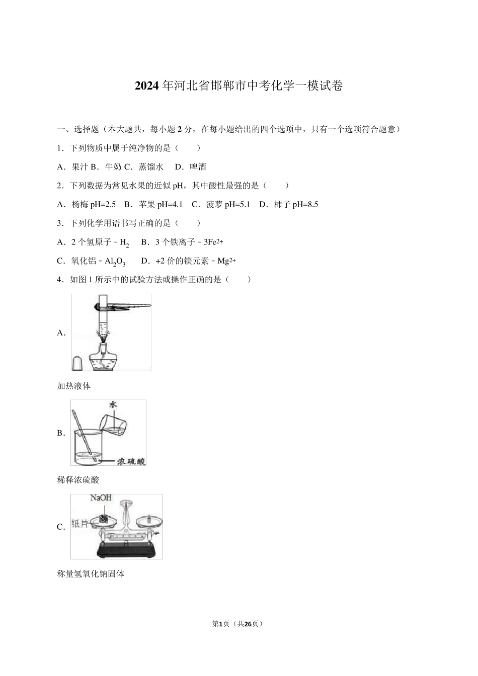 河北省邯郸市2024届中考化学一模试卷(解析版)分析_第1页