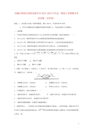 西藏日喀则市第四高级中学2024_2025学年高一物理上学期期末考试试题无答案