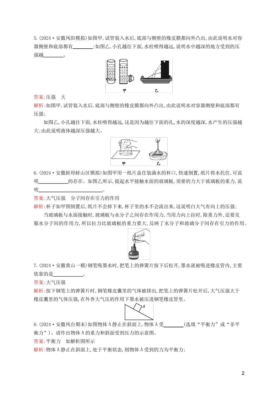 课标通用安徽省2024年中考物理总复习素养全练8压强试题_第2页