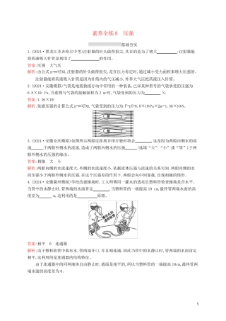 课标通用安徽省2024年中考物理总复习素养全练8压强试题