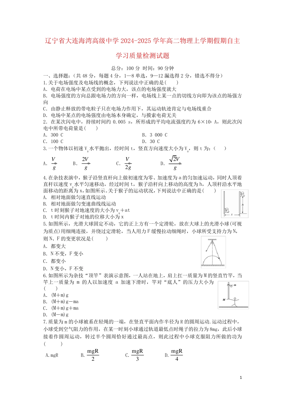 辽宁省大连海湾高级中学2024_2025学年高二物理上学期假期自主学习质量检测试题_第1页