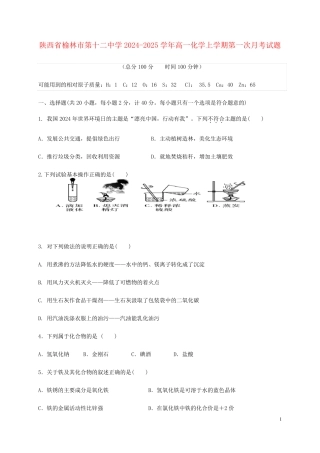 陕西省榆林市第十二中学2024_2025学年高一化学上学期第一次月考试题