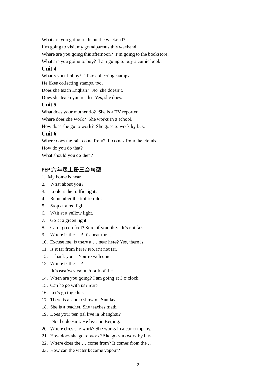 PEP六年级上册单词、句型和语法复习_第2页