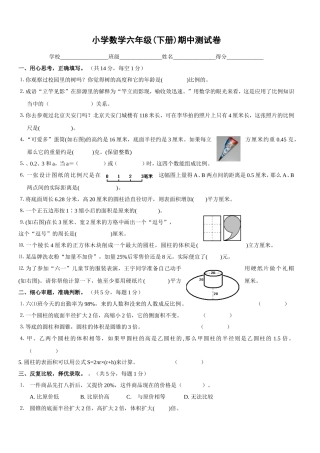 小学数学六年级(下册)期中测试卷