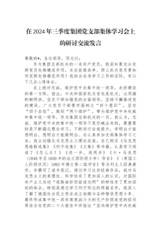 在2024年三季度集团党支部集体学习会上的研讨交流发言