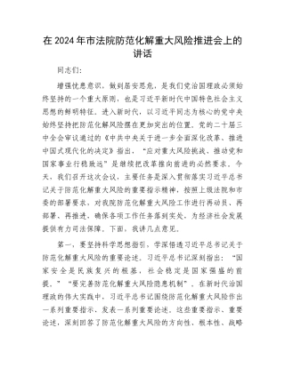 在2024年市法院防范化解重大风险推进会上的讲话