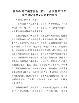 在2024年市委常委会（扩大）会议暨2024年项目建设观摩交流会上的发言