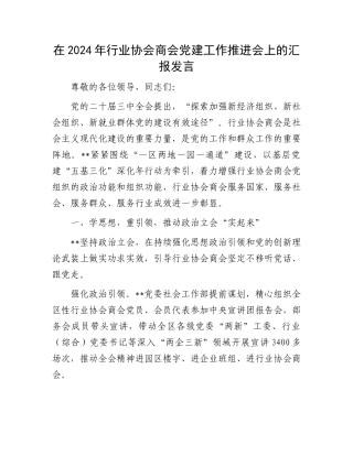 在2024年行业协会商会党建工作推进会上的汇报发言