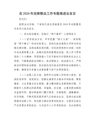 在2024年巡察整改工作专题推进会发言