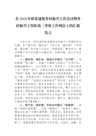 在2024年抓党建促乡村振兴工作会议暨乡村振兴工作队第三季度工作例会上的汇报发言