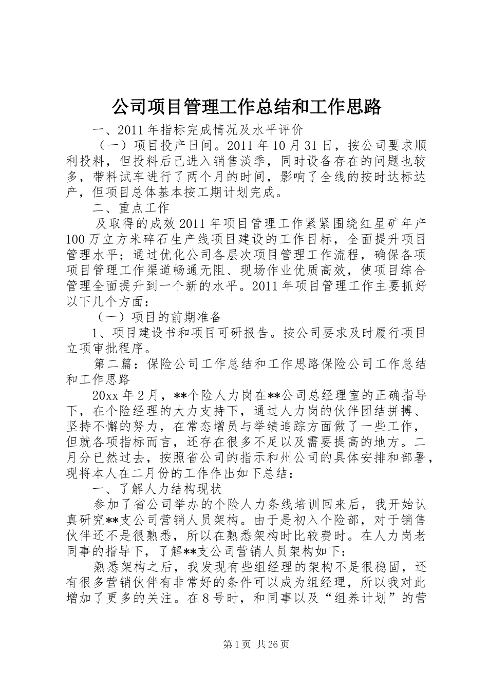 公司项目管理工作总结和工作思路_第1页
