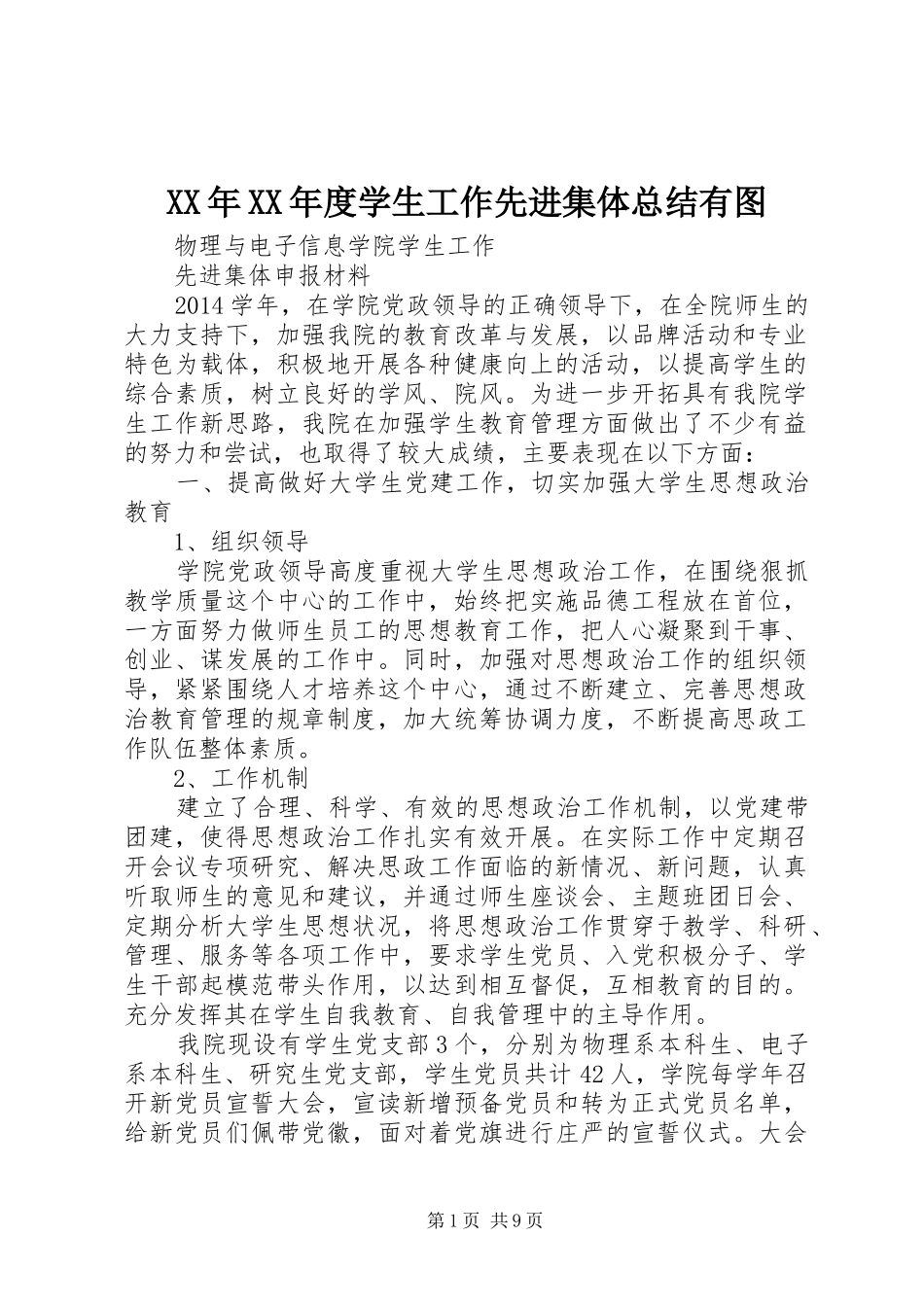 XX年XX年度学生工作先进集体总结有图_第1页
