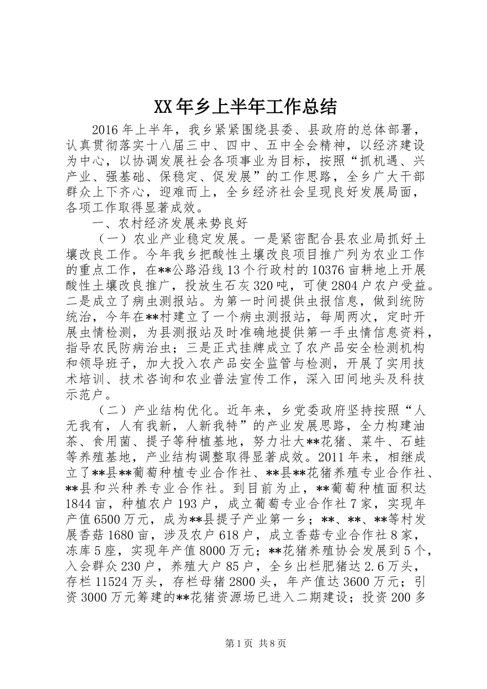 XX年乡上半年工作总结_1_第1页