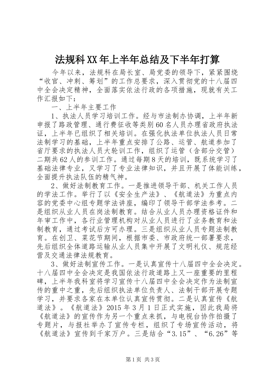 法规科XX年上半年总结及下半年打算_第1页
