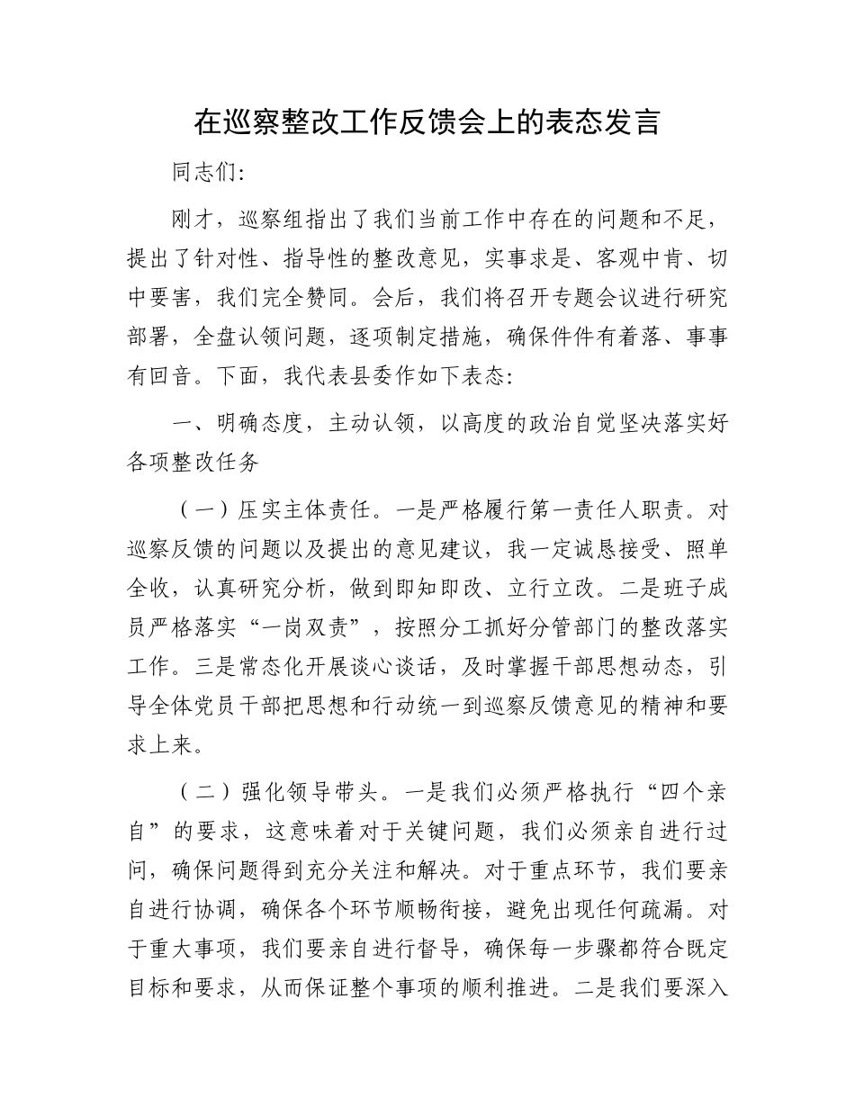 在巡察整改工作反馈会上的表态发言_第1页