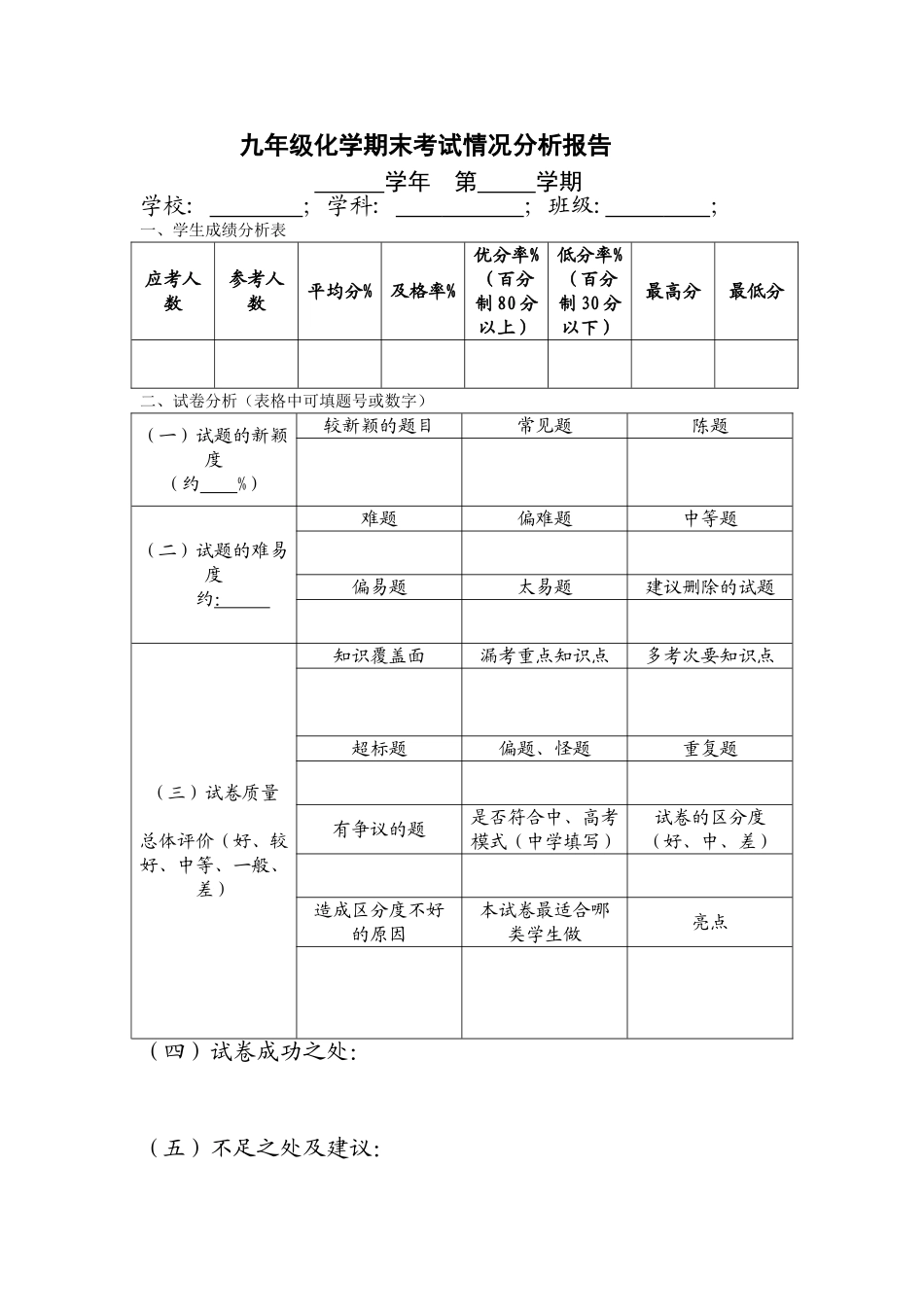 九年级化学期末考试试卷质量分析表_第1页