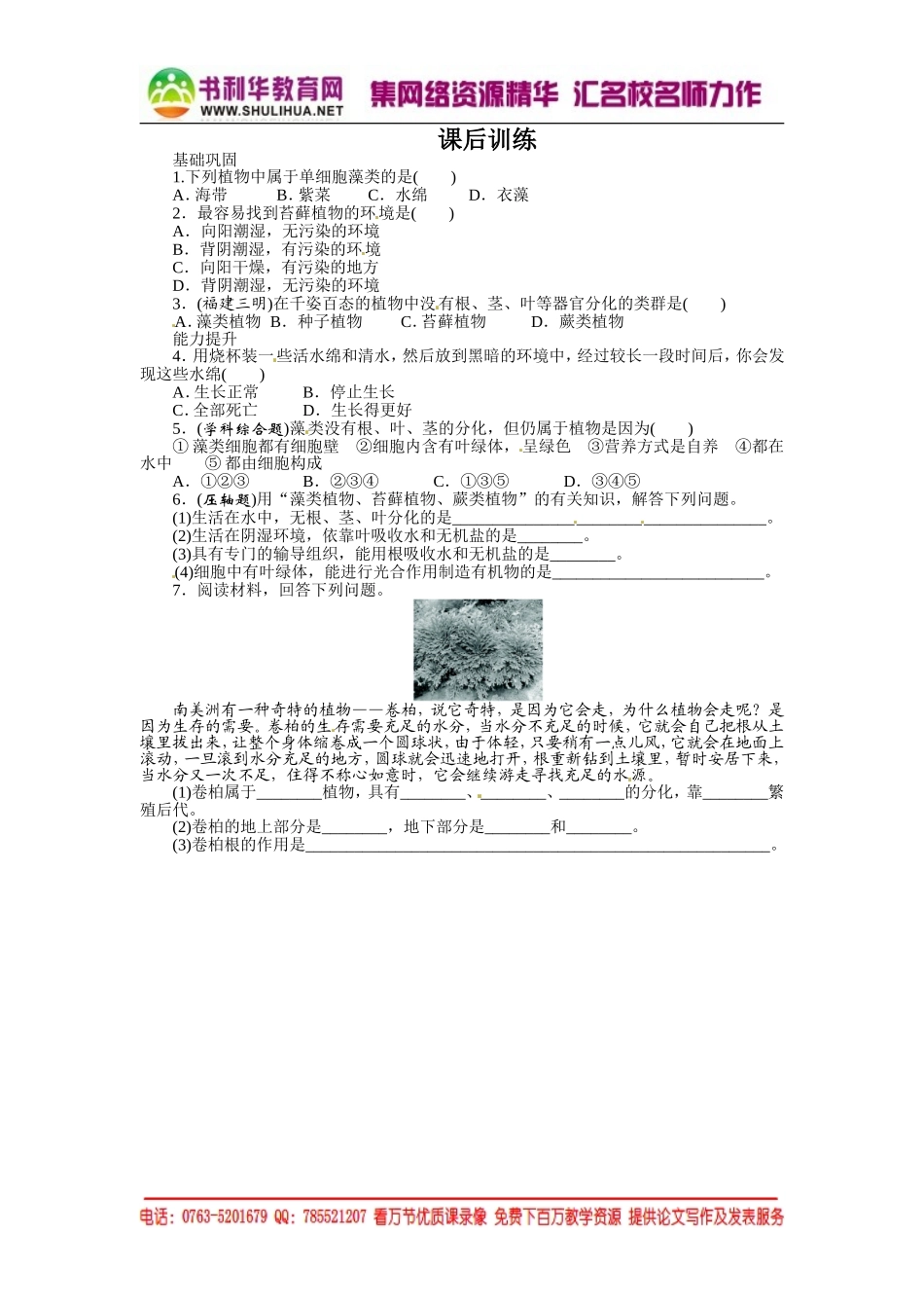 课后训练{第一节　藻类、苔藓和蕨类植物}_第1页