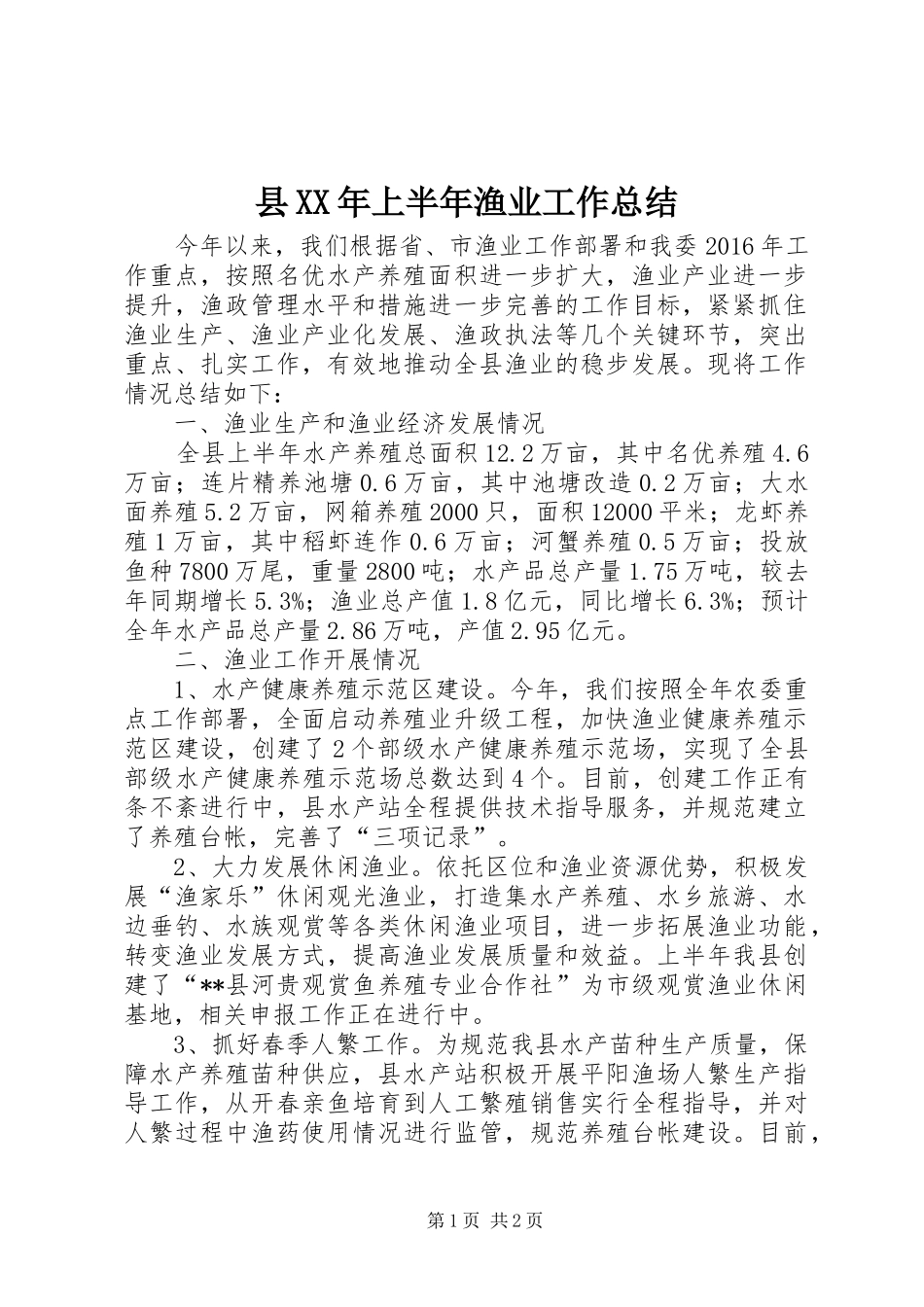 县XX年上半年渔业工作总结_1_第1页