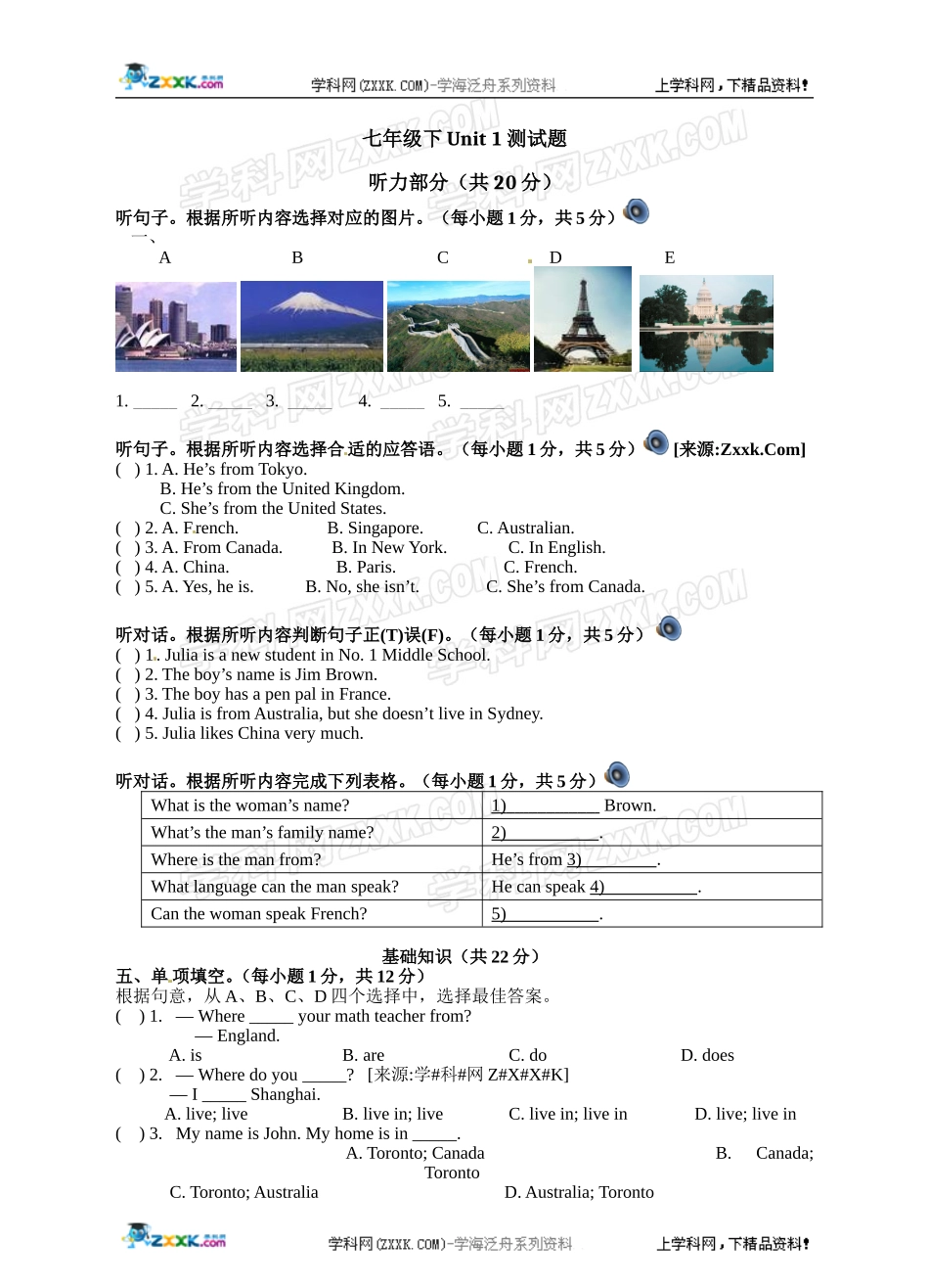 七年级下Unit1测试题_第1页