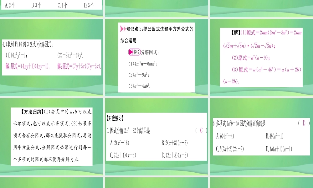 (江西专用)八年级数学上册 第14章 整式的乘法与因式分解 14.3 因式分解 14.3.2 公式法 第1课时 用平方差公式分解因式作业课件 (新版)新人教版 课件