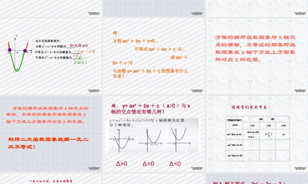 6.4一元二次不等式的解法 高二数学不等式ppt课件集一 人教版 高二数学不等式ppt课件集一 人教版