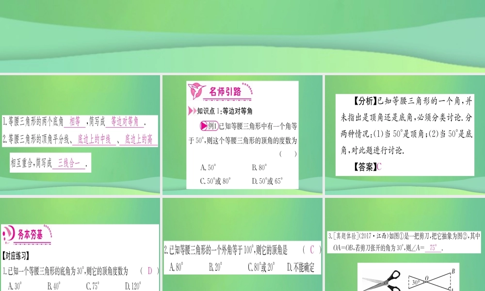 (江西专用)八年级数学上册 第13章 轴对称 13.3 等腰三角形 13.3.1 等腰三角形 第1课时 等腰三角形的性质作业课件 (新版)新人教版 课件