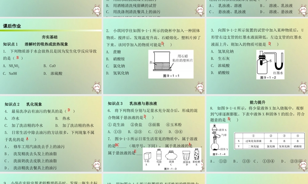 九年级化学下册 第九单元 溶液 课题1 溶液的形成 课时2 溶解时的吸热或放热现象乳化现象(内文)课件 (新版)新人教版 课件