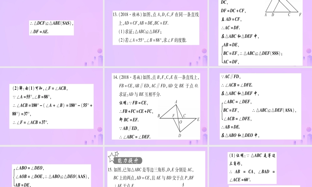 (云南专用)中考数学 第一轮 考点系统复习 第4章 三角形 第4节 全等三角形作业课件