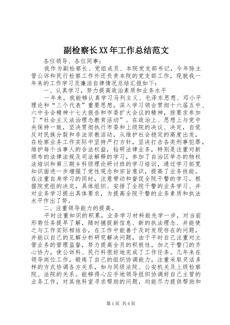 副检察长XX年工作总结范文_第1页