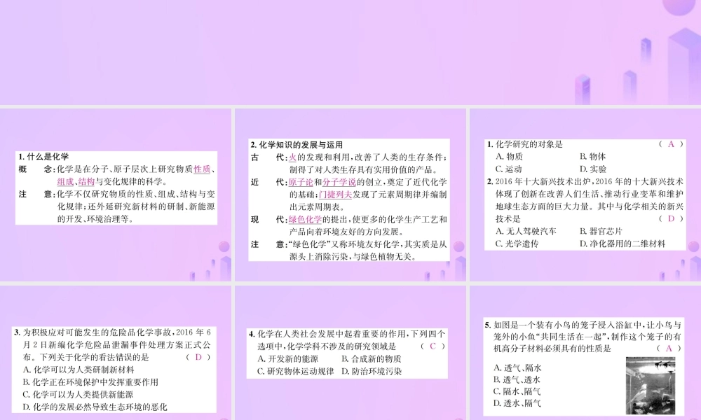 九年级化学上册 绪言 化学使世界变得更加绚丽多彩(增分课练)习题课件 (新版)新人教版 课件