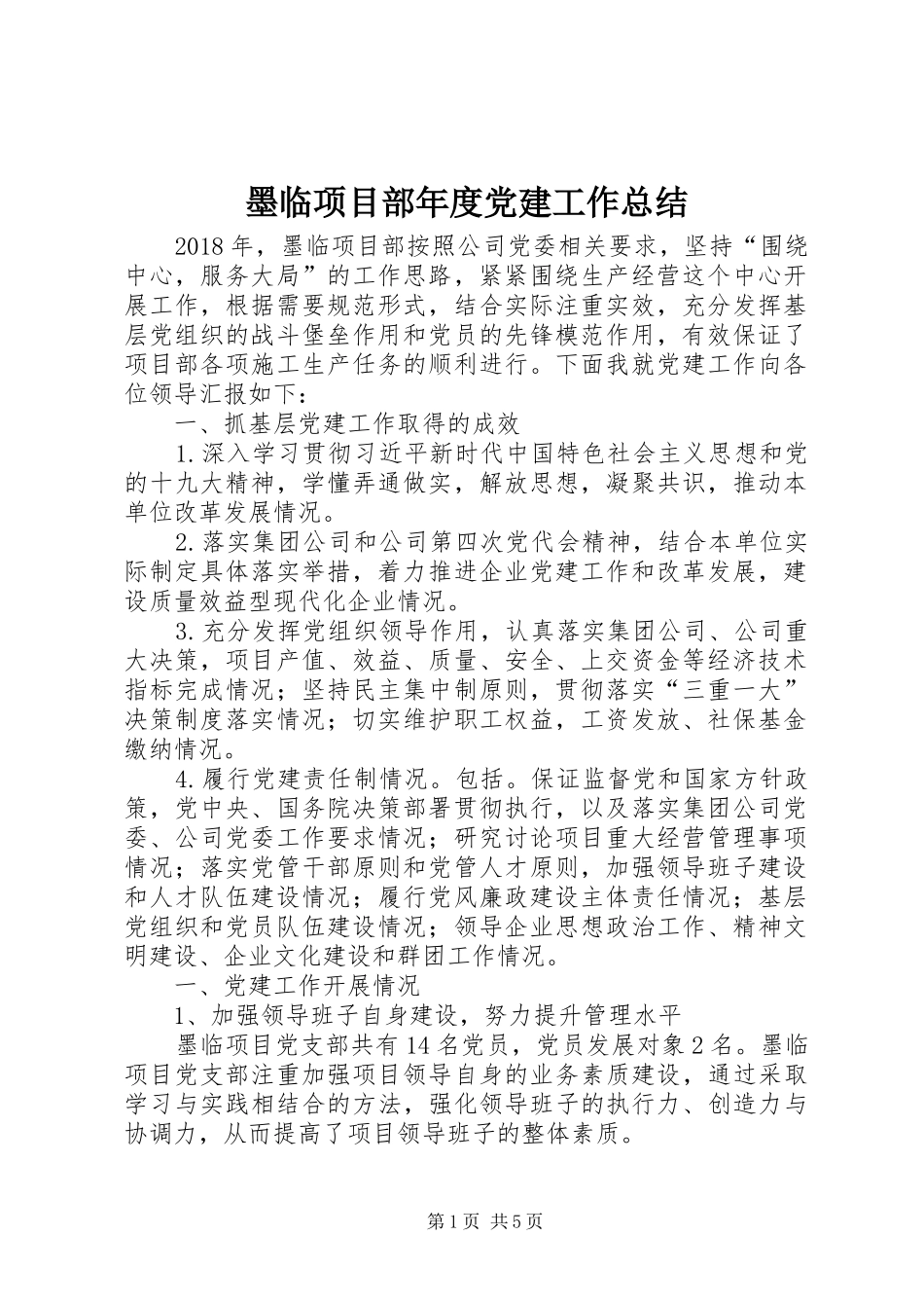 墨临项目部年度党建工作总结_第1页