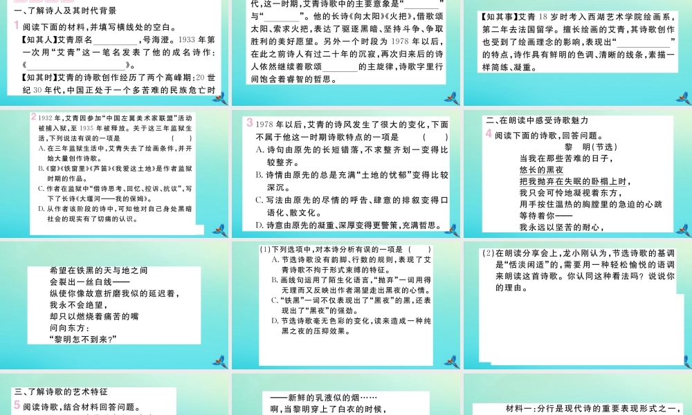 (黄冈专版)九年级语文上册 第一单元 名著导读(艾青诗选)作业课件 新人教版 课件