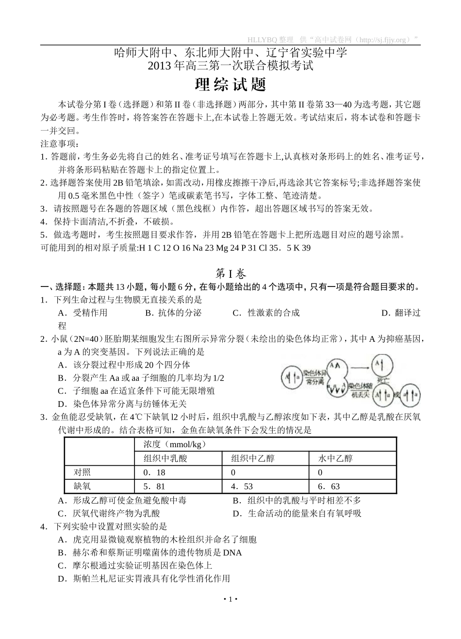 东北三校2013届高三第一次模拟考试理综_第1页