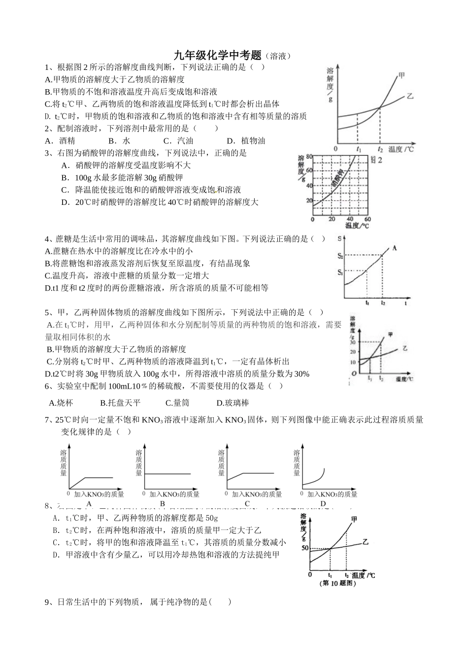 九年级化学中考题(溶液)_第1页