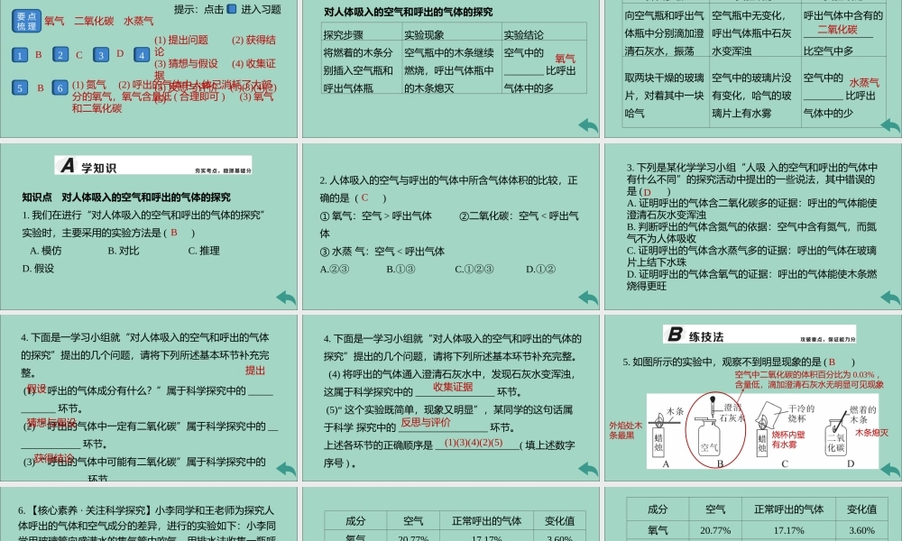 (河南专版)九年级化学上册 第一单元 走进化学世界 课题2 第2课时 对人体吸入的空气和呼出的气体的探究习题讲评课件 (新版)新人教版 课件