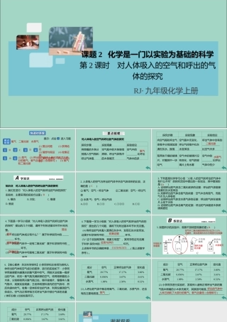 (河南专版)九年级化学上册 第一单元 走进化学世界 课题2 第2课时 对人体吸入的空气和呼出的气体的探究习题讲评课件 (新版)新人教版 课件