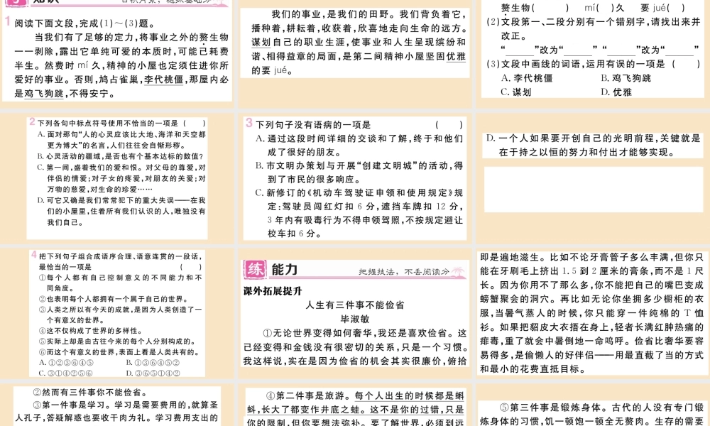 (贵州专版)九年级语文上册 第二单元 9 精神的三件小屋作业课件 新人教版 课件