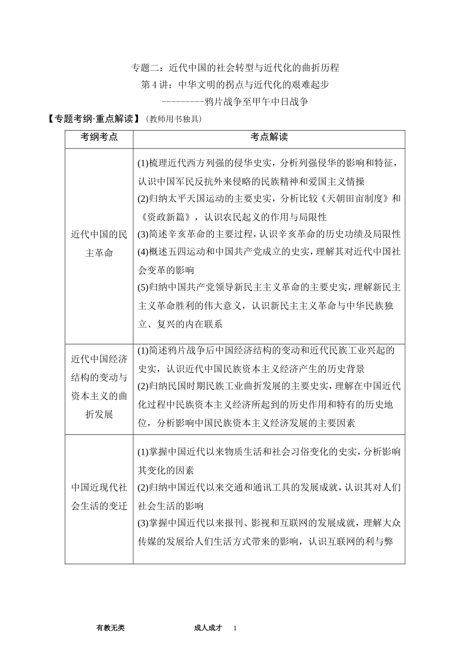 专题二：近代中国的社会转型与近代化的曲折历程(教师版)_第1页