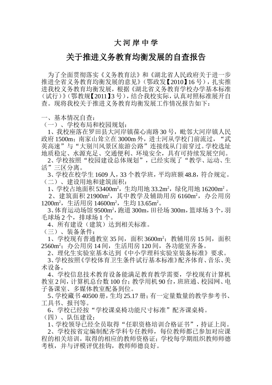 大河岸中学义务教育均衡发展的自查报告_第1页