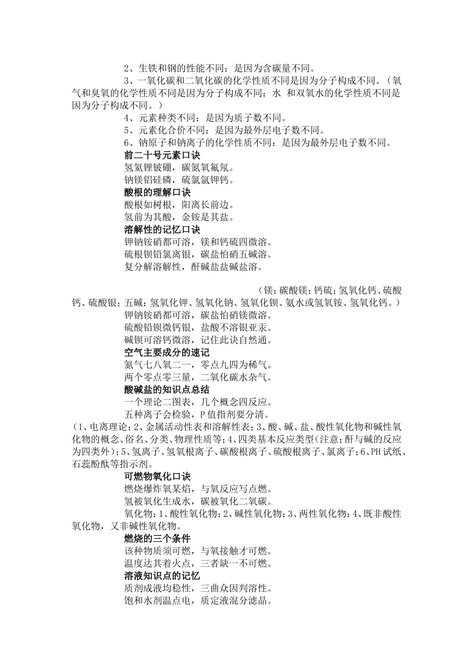 初中化学部分知识记忆口诀_第3页