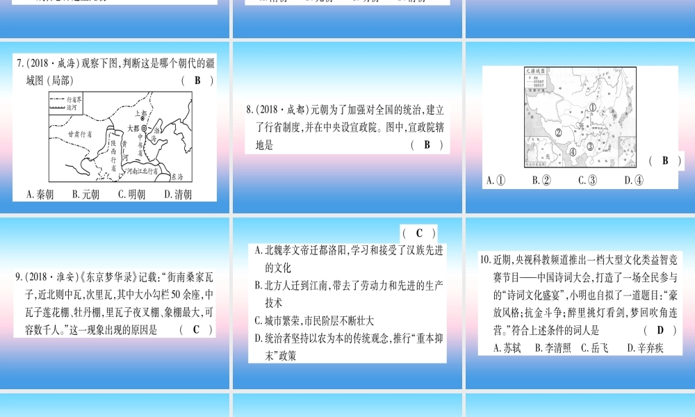 (甘肃专用)中考历史总复习 第一篇 考点系统复习 板块一 中国古代史 主题五 民族关系发展和社会变化(精练)课件