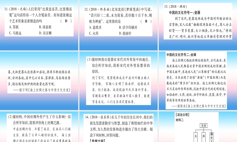 (甘肃专用)中考历史总复习 第一篇 考点系统复习 板块一 中国古代史 主题五 民族关系发展和社会变化(精练)课件