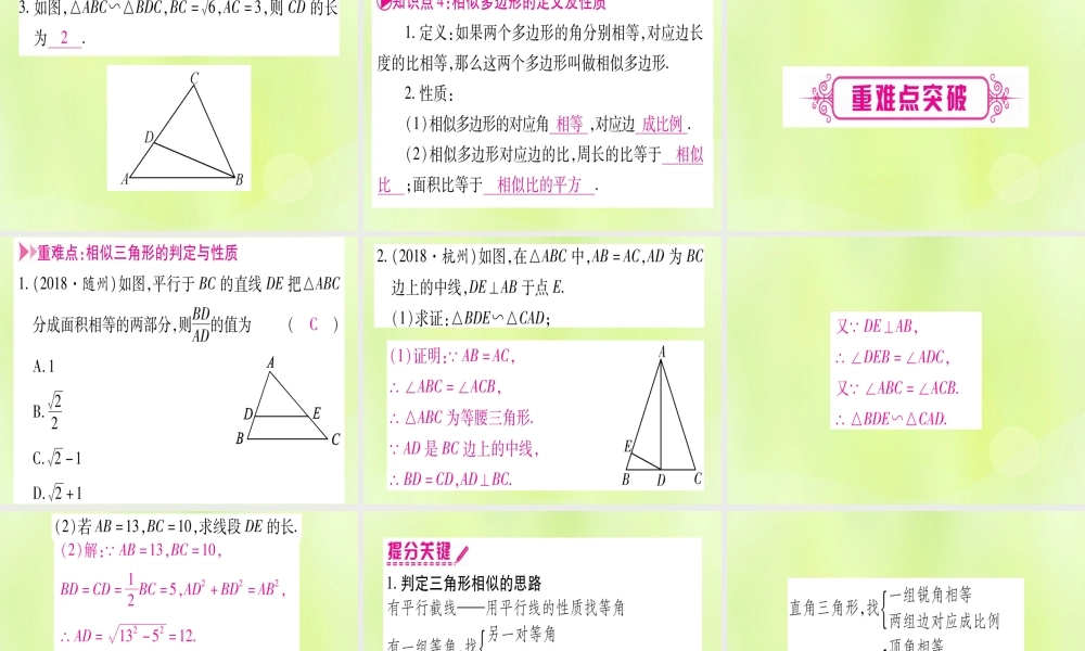 (湖北专用版)版中考数学优化复习 第4章 三角形 第5节 相似三角形实用课件
