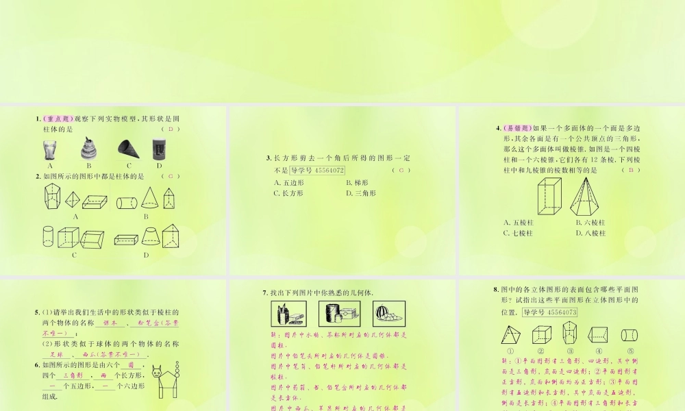 (遵义专版)七年级数学上册 第四章 几何图形初步 4.1 几何图形 4.1.1 立体图形与平面图形 第1课时 认识几何图形课后作业课件 (新版)新人教版 课件