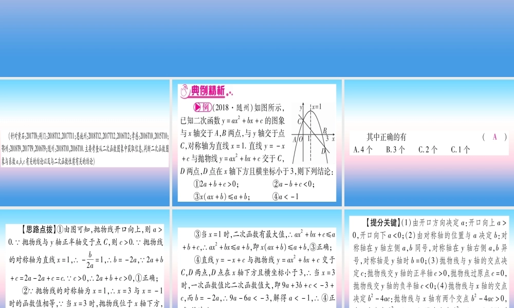 (湖北专版)中考数学总复习 第3轮 压轴题突破 选填题压轴题突破 重难点突破2 二次函数的图像与性质的多结论题习题课件