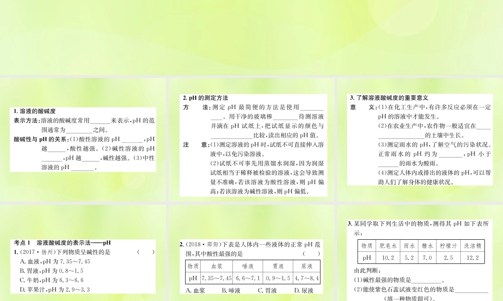 九年级化学下册 第十单元 酸和碱 课题2 第2课时 溶液的酸碱度复习课件 (新版)新人教版 课件